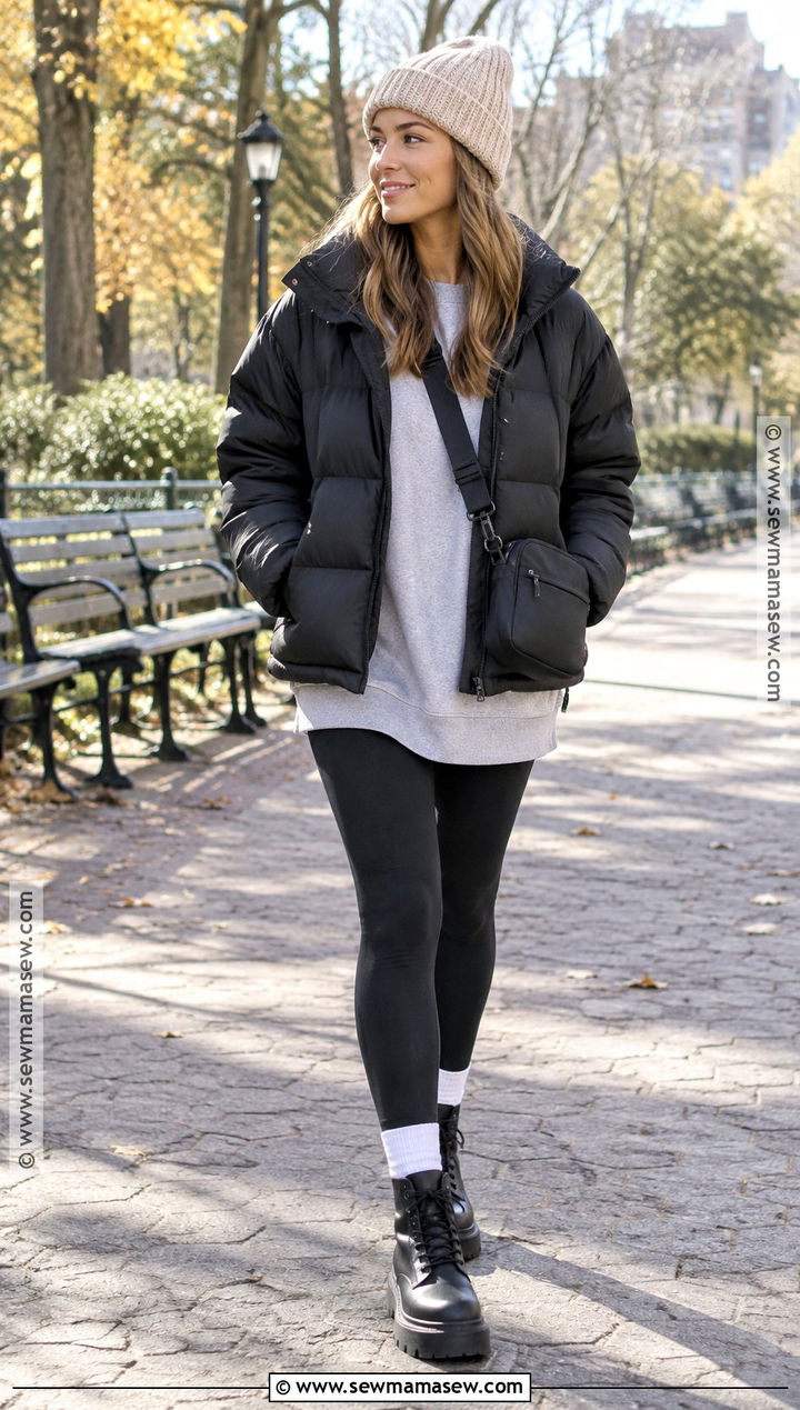 Chunky Beanie With Puffer Jacket and Leggings - 20 fall hat ideas