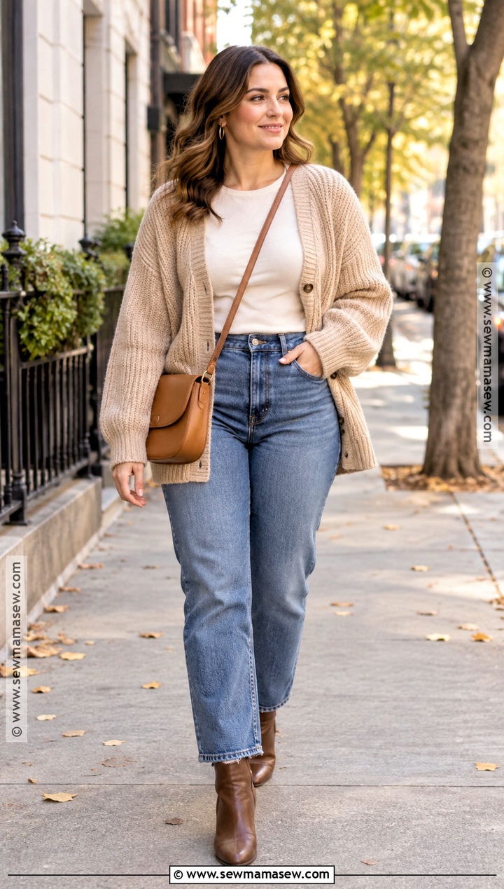 Chunky Beige Cardigan With Straight Leg Jeans - 15 cardigan outfit fall ideas 2026