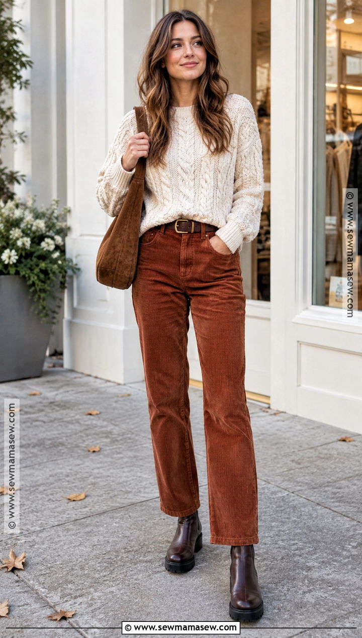 Chunky Boots With Corduroy Pants And Cable Knit Sweater - 20 chunky boots outfit fall
