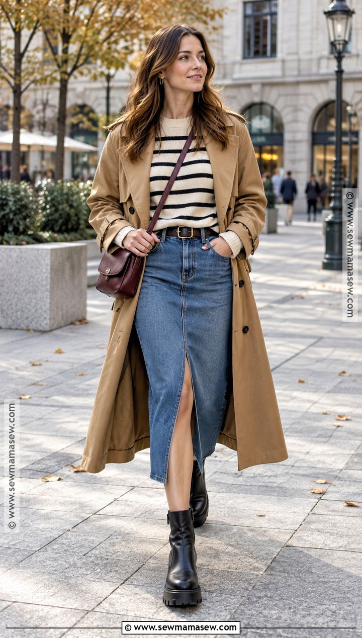 Chunky Boots With Denim Midi Skirt And Striped Sweater - 20 chunky boots outfit fall