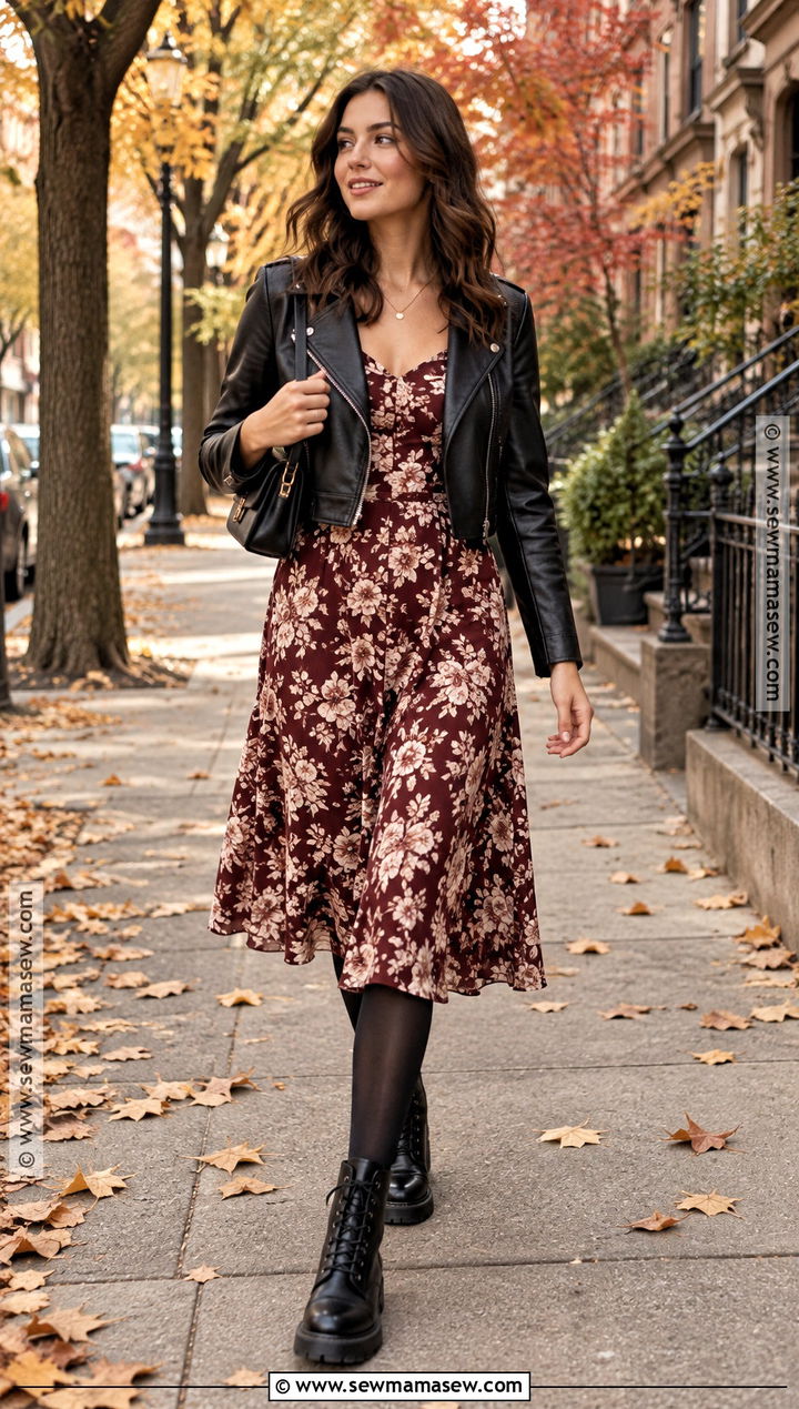 Chunky Boots With Floral Midi Dress And Leather Jacket - 20 chunky boots outfit fall