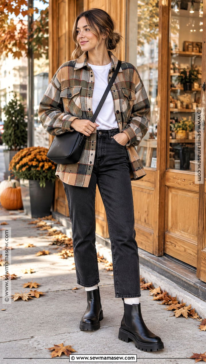 Chunky Boots With Plaid Shacket And Black Jeans - 20 chunky boots outfit fall