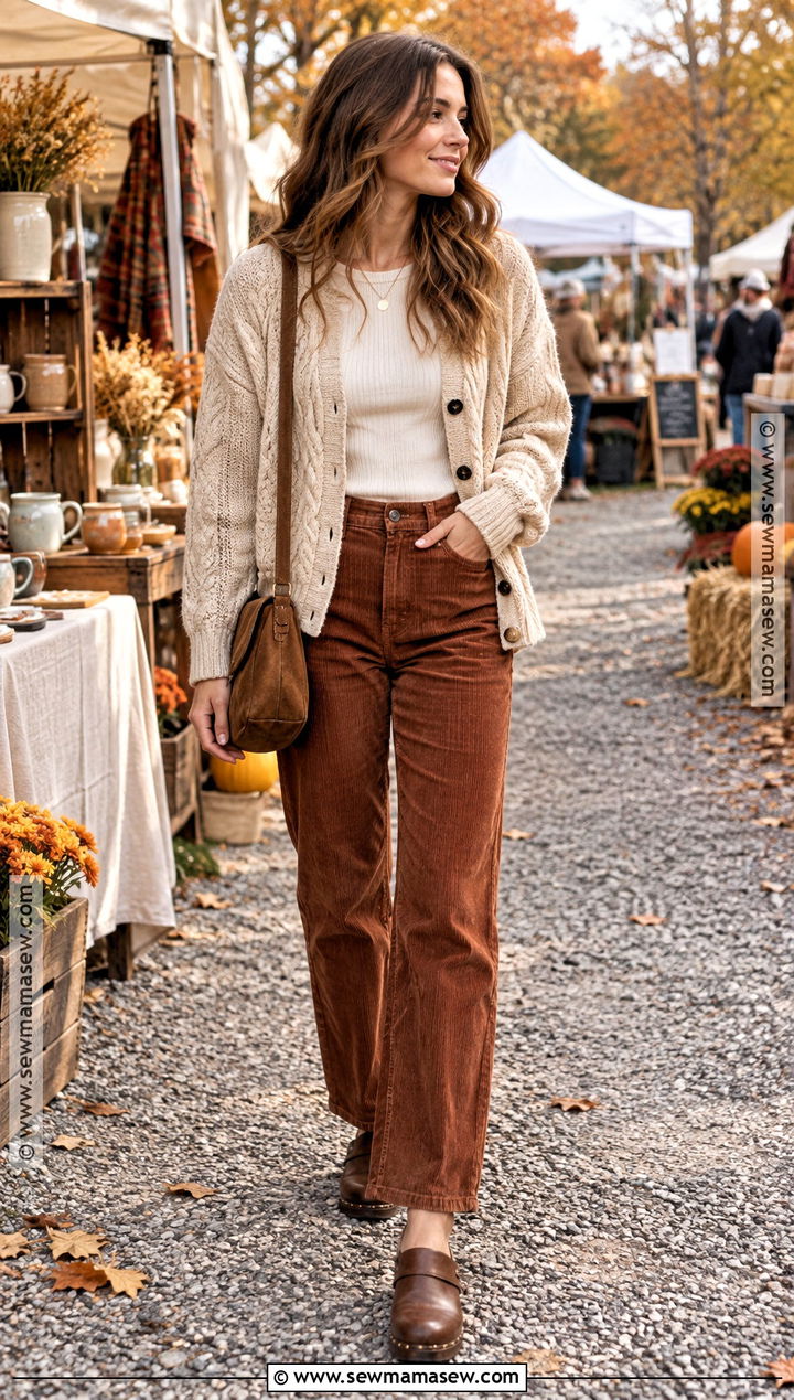 Chunky Cardigan And Corduroy Pants Fall Outfit - 15 cozy fall outfits aesthetic 2026