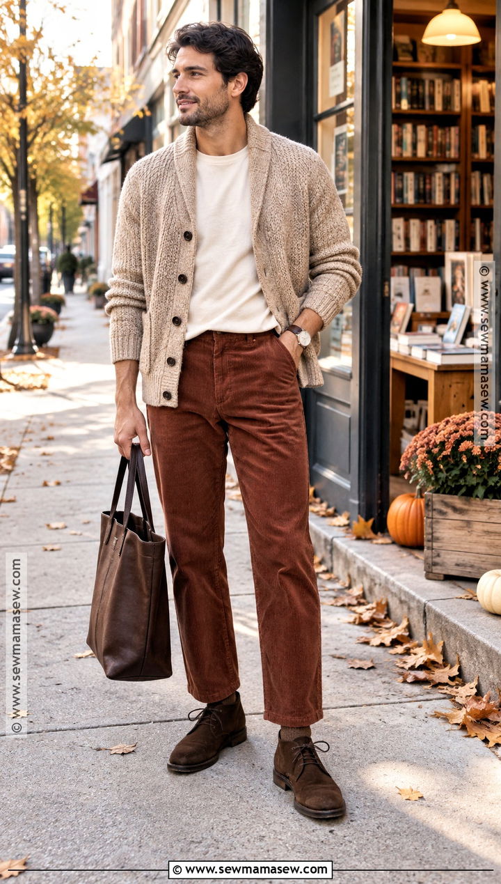 Chunky Cardigan And Corduroy Trousers Autumn Outfit - 15 Men Style Outfits Autumn 2026