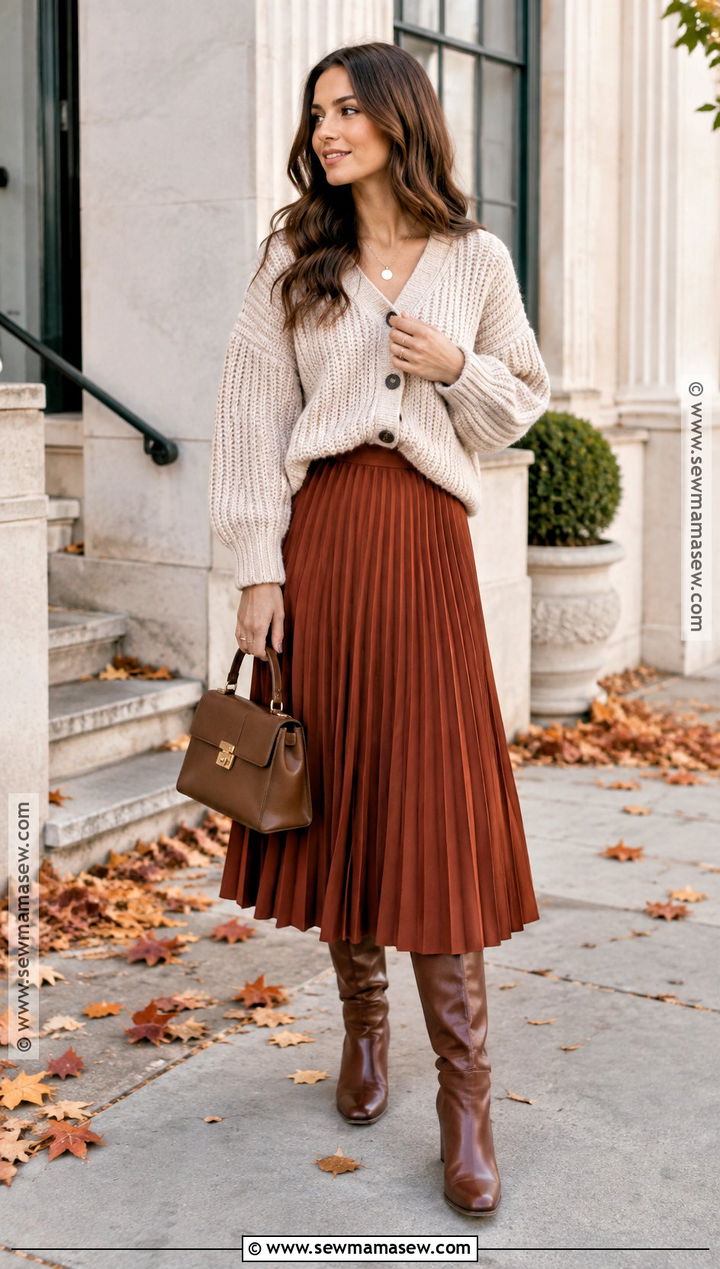 Chunky Cardigan And Midi Skirt Fall Outfit - 25 fall outfit aesthetic ideas