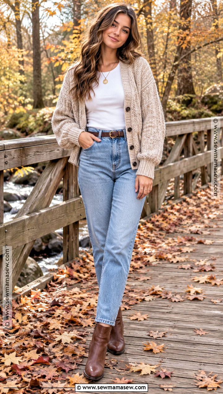 Chunky Cardigan And Mom Jeans Fall Senior Picture Outfit - 25 senior pictures outfits fall