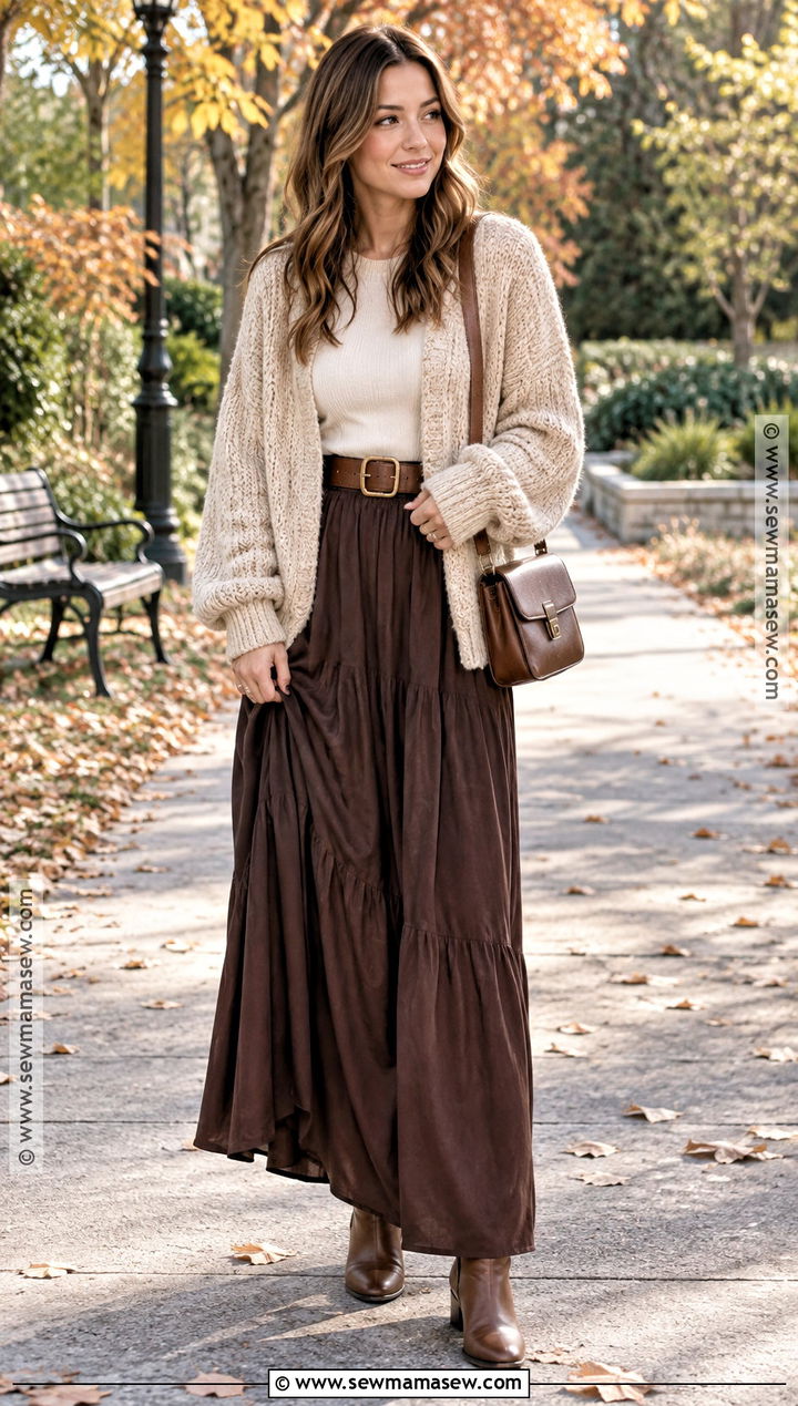 Chunky Cardigan And Neutral Maxi Skirt Fall Outfit - 15 Cozy Neutral Fall Outfits