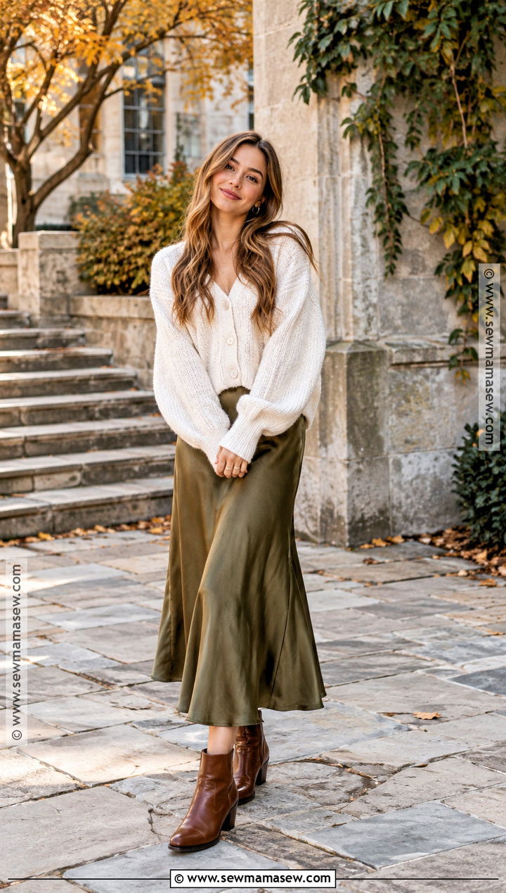 Chunky Cardigan And Satin Midi Skirt Fall Senior Pictures Outfit - 25 fall senior pictures outfits