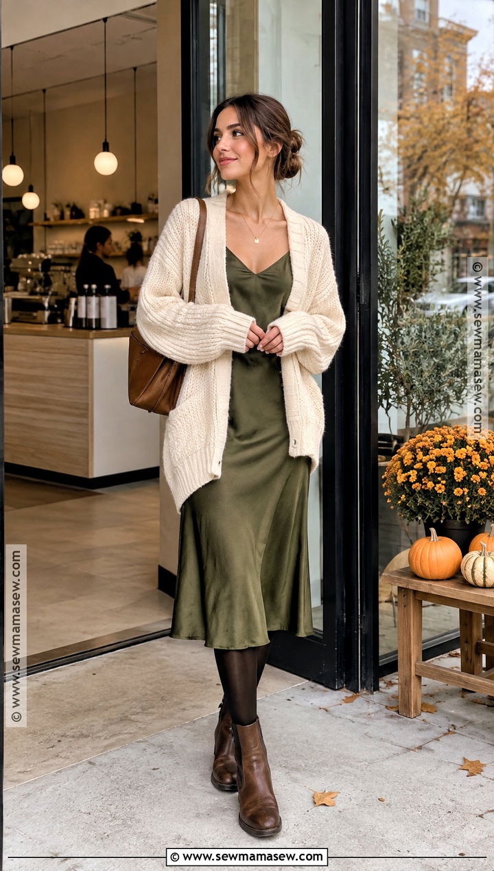 Chunky Cardigan And Slip Dress Fall Outfit - 15 Lazy Sunday Outfit Fall Ideas
