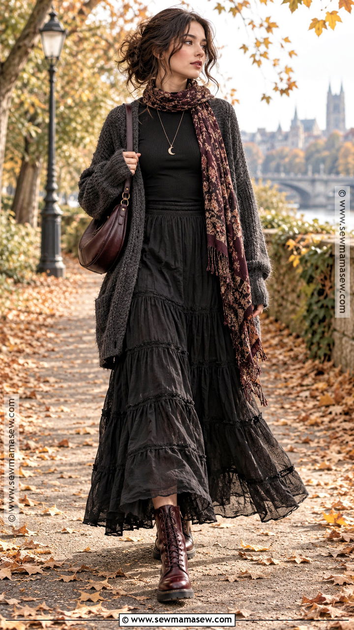 Chunky Cardigan And Tiered Maxi Skirt - 20 Fall Gothic Outfits