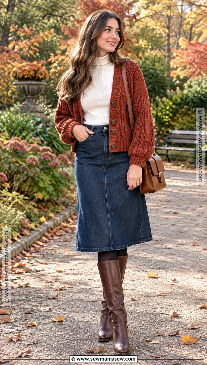 Chunky Cardigan With Denim Skirt And Boots - 15 autumn knitwear outdoors ideas