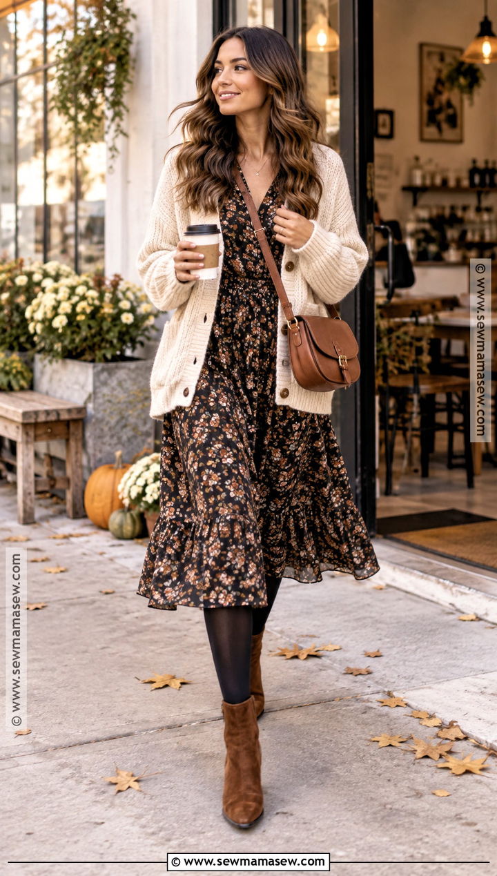 Chunky Cardigan With Floral Midi Dress - 15 Cute Fall Sweater Style Ideas