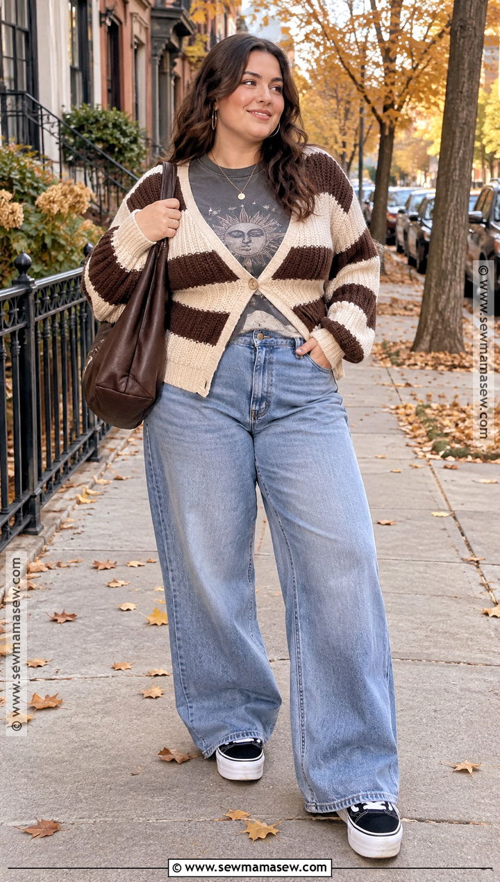 Chunky Cardigan With Graphic Tee And Loose Jeans - 20 streetwear fall ideas
