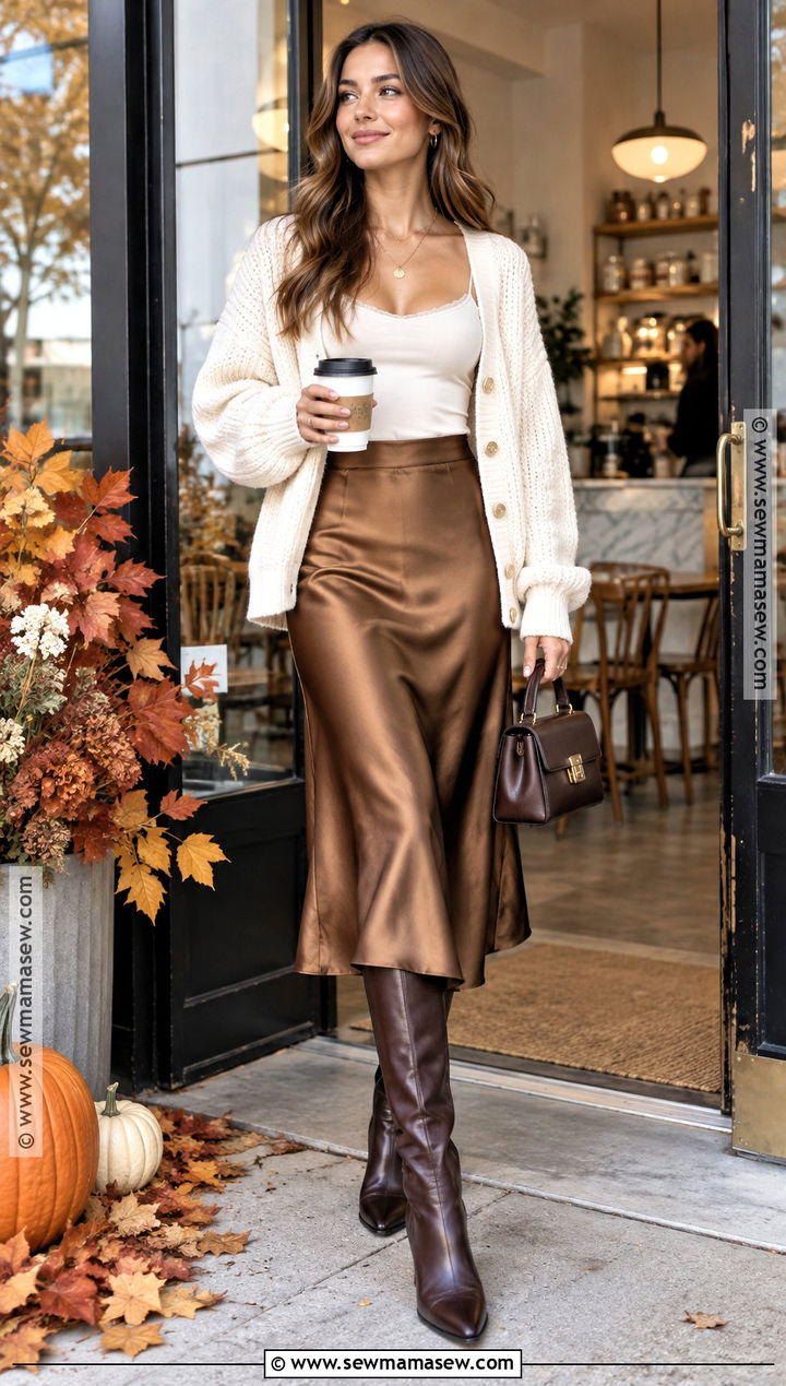 Chunky Cardigan With Satin Midi Skirt - 15 cardigan outfit aesthetic fall ideas