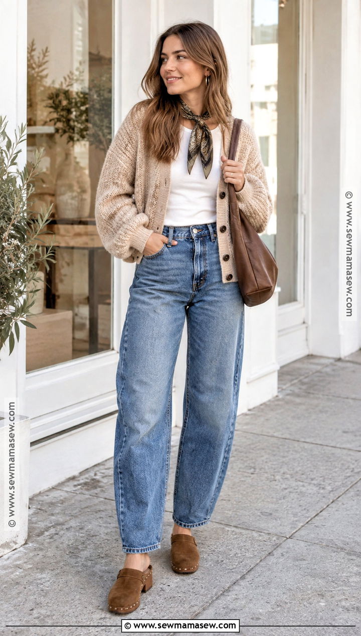Chunky Cardigan With T Shirt And Barrel Jeans - 15 Warm November Outfits