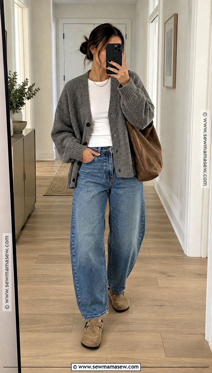 Chunky Cardigan With T Shirt And Barrel Jeans - 15 fall knitwear collection ideas