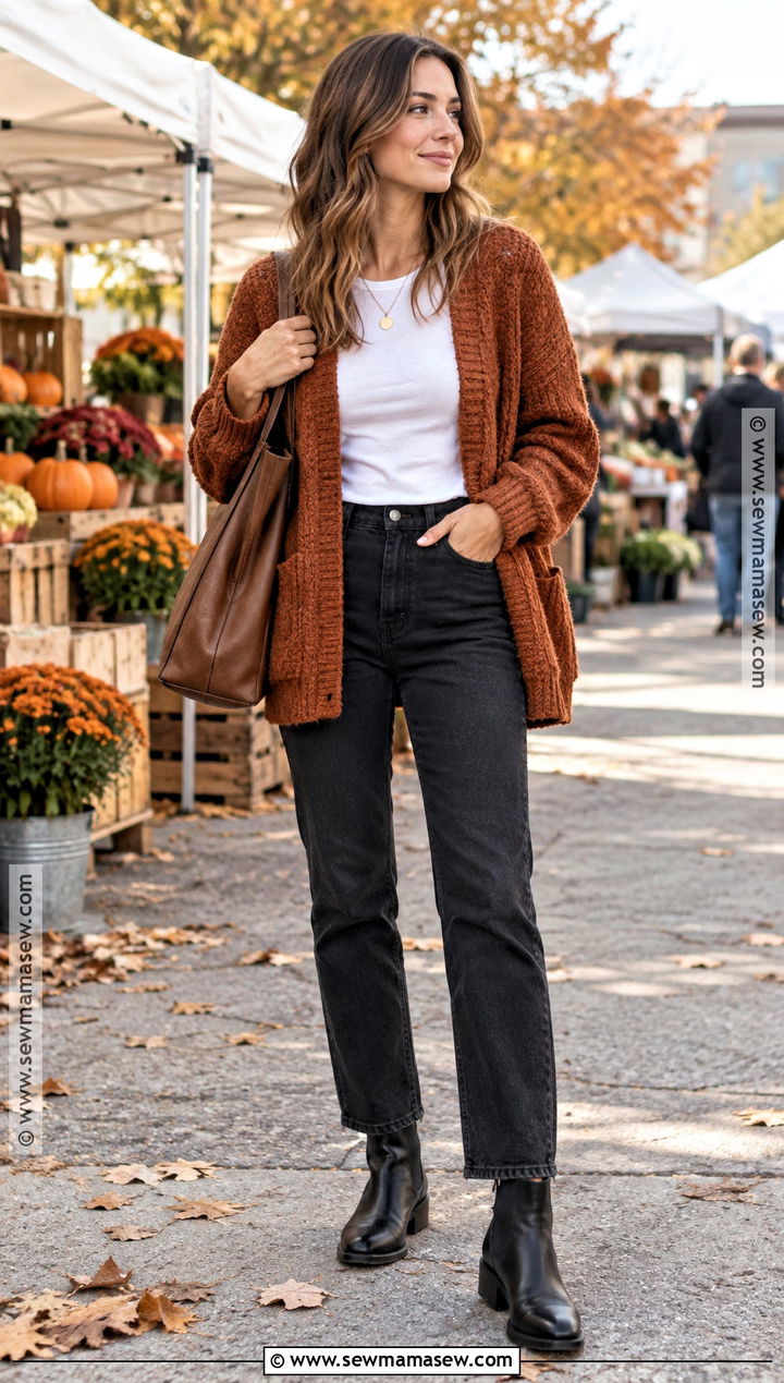 Chunky Cardigan With T Shirt And Black Jeans - 15 knitwear for fall season ideas