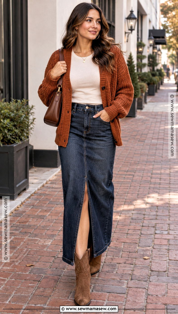 Chunky Cardigan and Denim Maxi Skirt Autumn Outfit - 25 cute autumn outfits aesthetic
