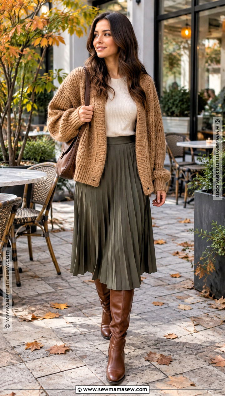 Chunky Cardigan and Midi Skirt Autumn Outfit - 25 Autumn Aesthetic Cozy Outfit Ideas