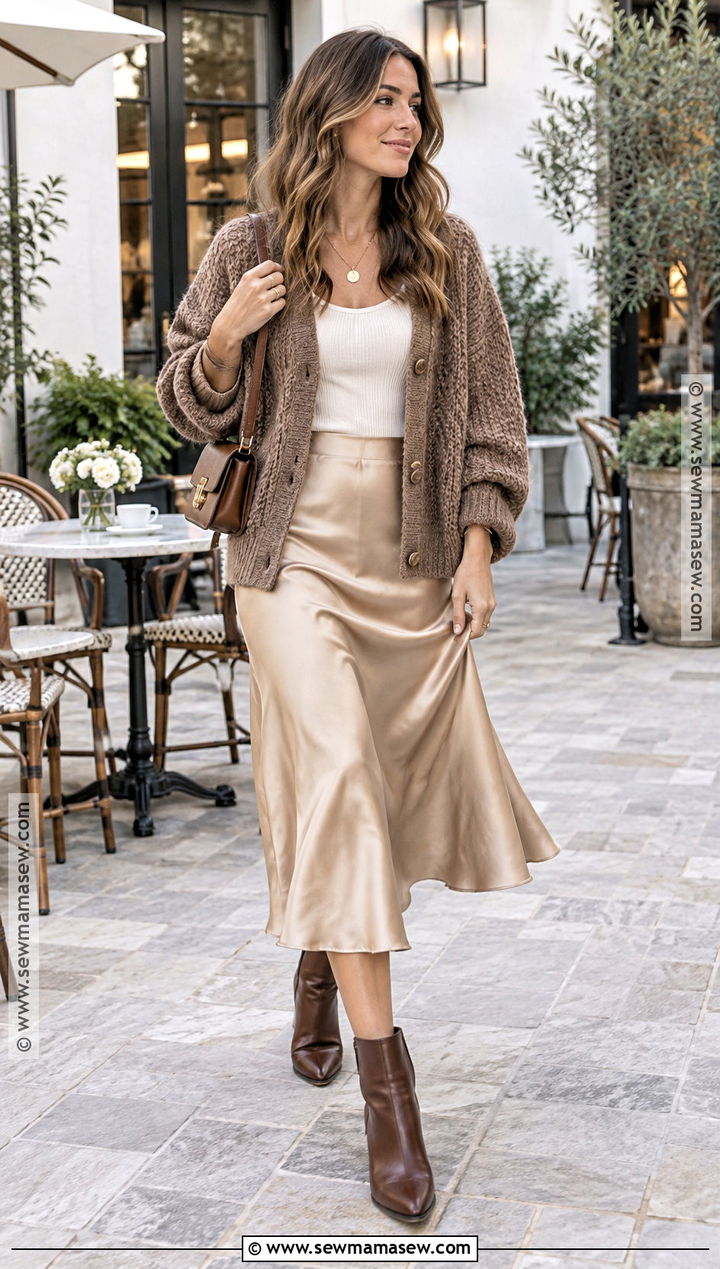 Chunky Cardigan and Slip Skirt - 25 sweater weather aesthetic ideas