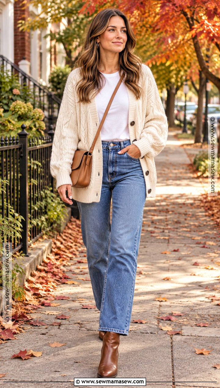 Chunky Cream Cardigan With Jeans And Ankle Boots - 15 Fall Cardigan Outfits 2026
