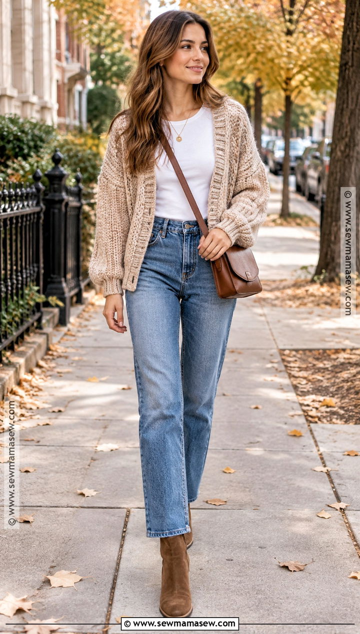 Chunky Crochet Cardigan With Straight Jeans - 15 Autumn Crochet Outfit Ideas