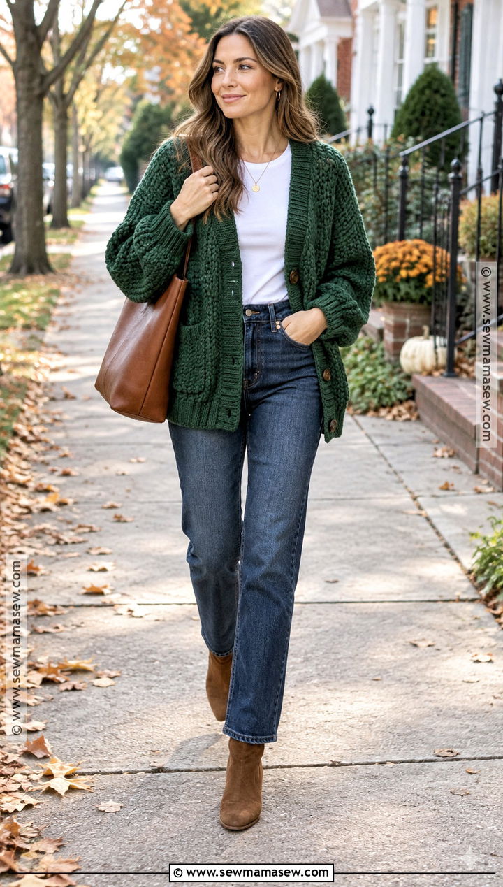 Chunky Crochet Cardigan With Straight Leg Jeans - 15 Autumn Crochet Cardigan Style Ideas
