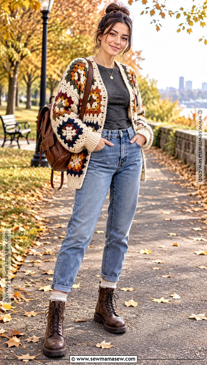 Chunky Granny Square Cardigan With Mom Jeans - 15 Crochet Fall Granny Square Cardigan Ideas