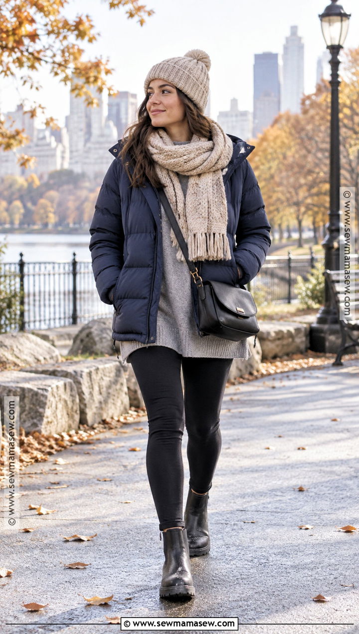 Chunky Knit Scarf With Puffer Jacket And Leggings - 15 fall scarves outfit