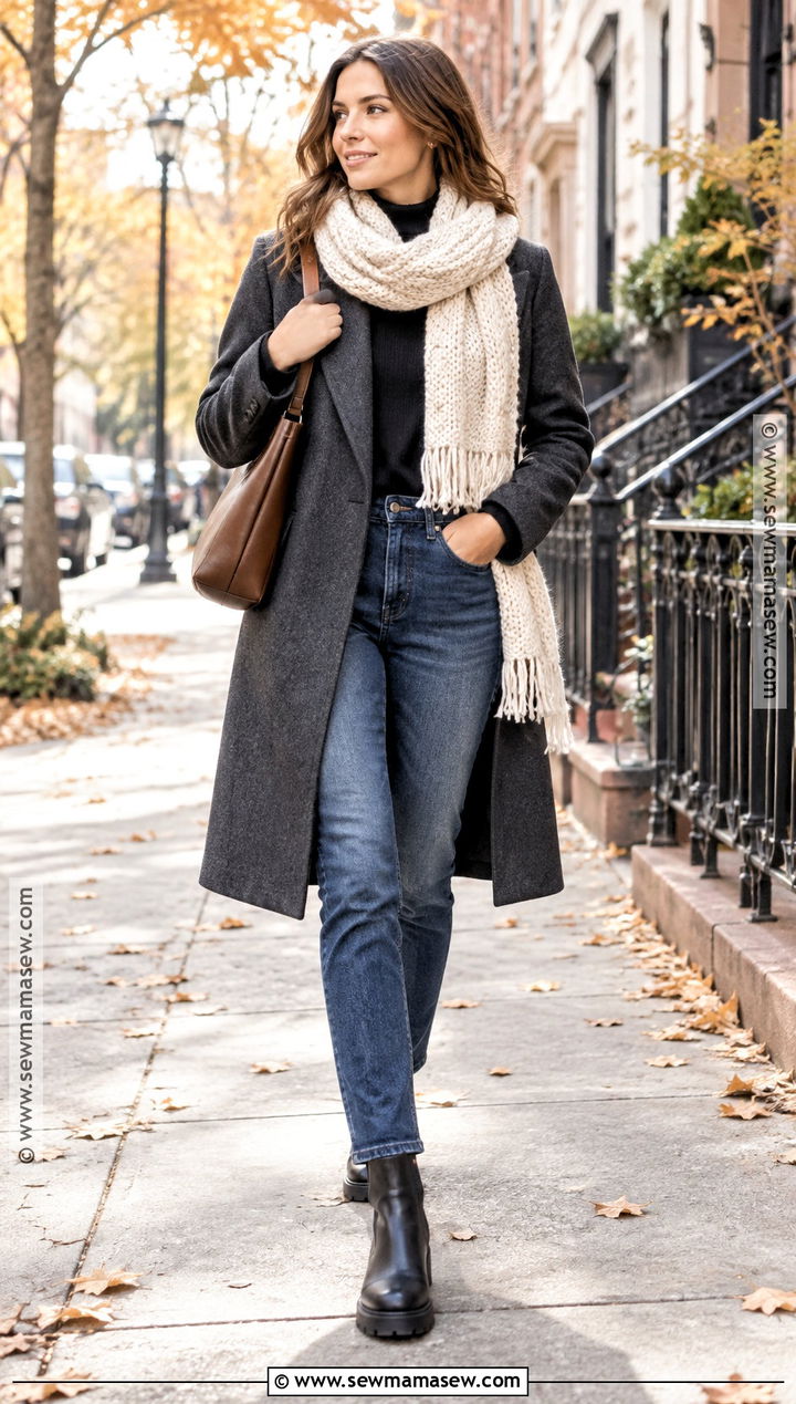 Chunky Knit Scarf With Wool Coat And Boots - 25 autumn scarf ideas