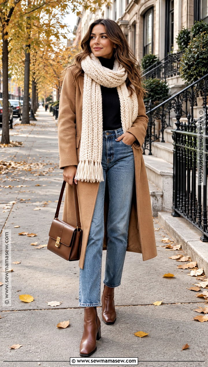 Chunky Knit Scarf With Wool Coat Outfit - 15 Knit Accessories Fall Fashion