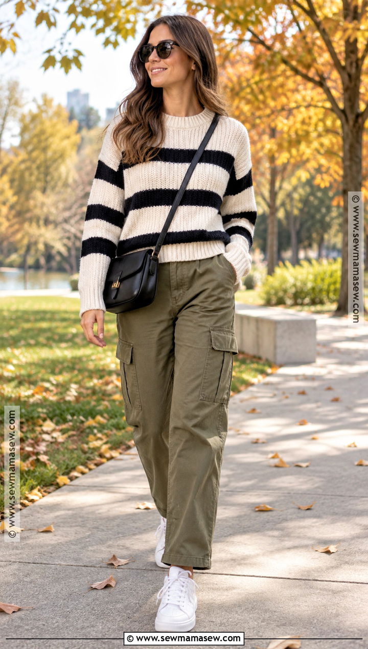 Chunky Knit Sweater With Cargo Pants And Sneakers - 15 Chunky Knit Sweater Fall Style Ideas