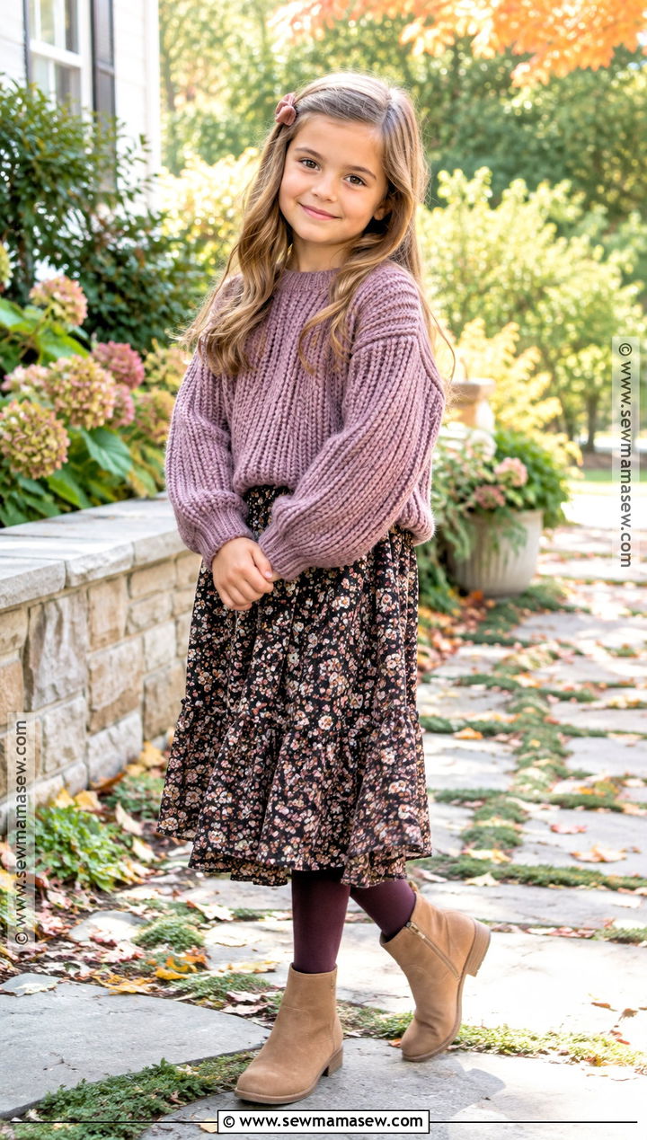 Chunky Knit Sweater With Midi Skirt - 15 kids fall fashion sweater ideas