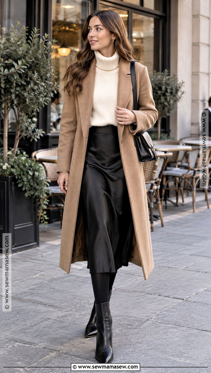 Chunky Knit With Satin Midi Skirt and Ankle Boots - 15 autumn winter capsule wardrobe ideas 2026