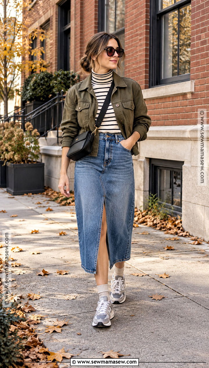 Chunky Sneakers With a Denim Midi Skirt - 20 Fall Sneaker Outfits for Women