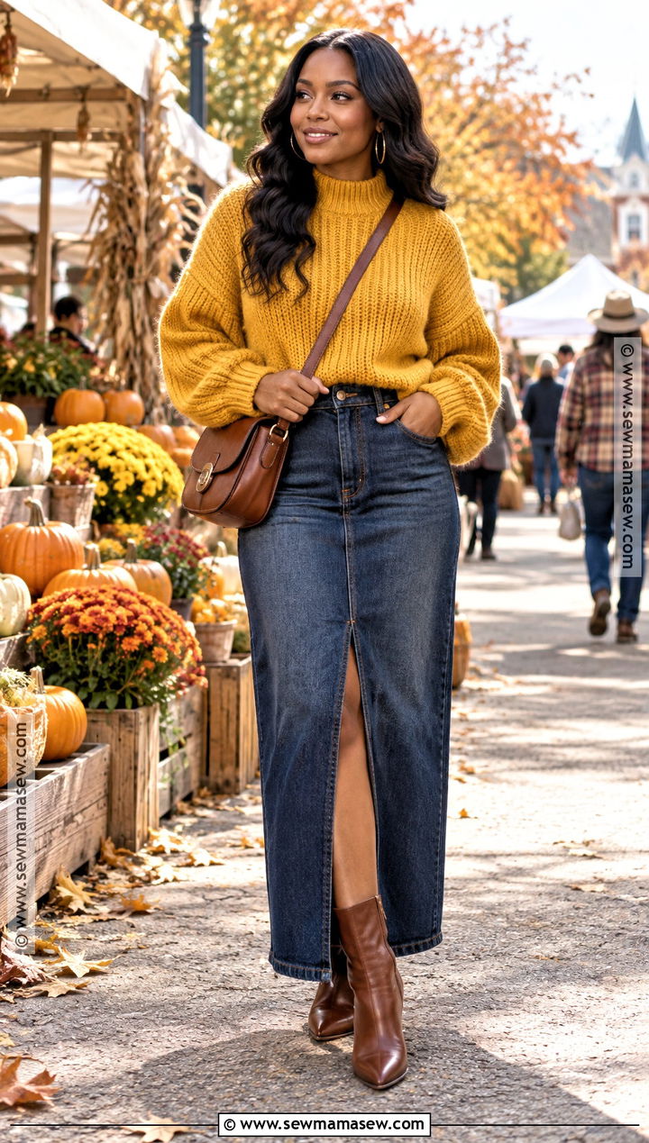 Chunky Sweater And Denim Maxi Skirt Fall Outfit - 20 cozy fall outfits for black women
