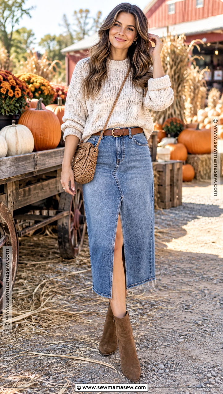 Chunky Sweater And Denim Midi Skirt Outfit - 20 festival fall outfit ideas
