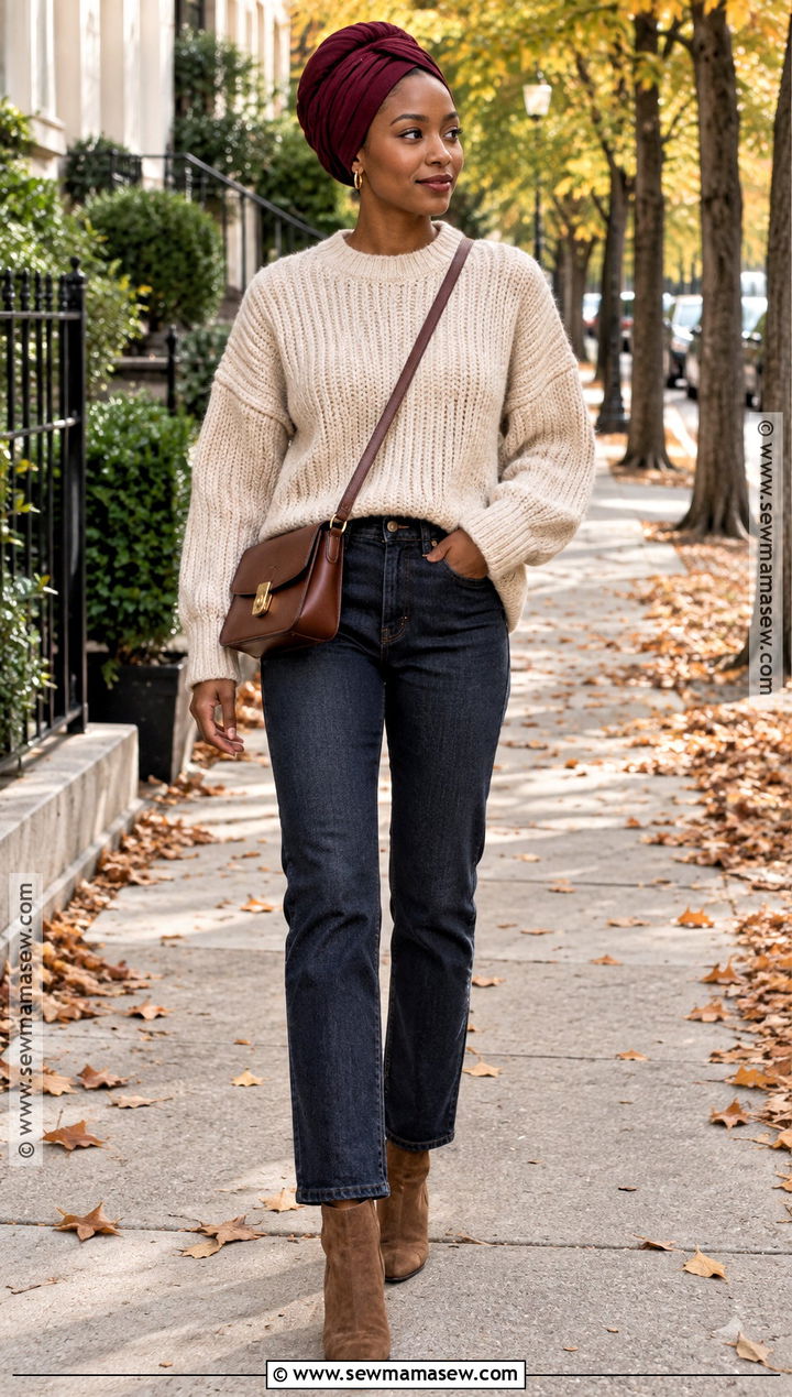 Chunky Sweater And Jeans With Headwrap - 15 Fall Headwrap Outfit Ideas