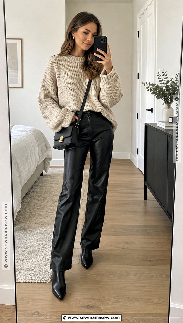 Chunky Sweater And Leather Trousers Fall Outfit - 15 autumn fall 2026 outfits