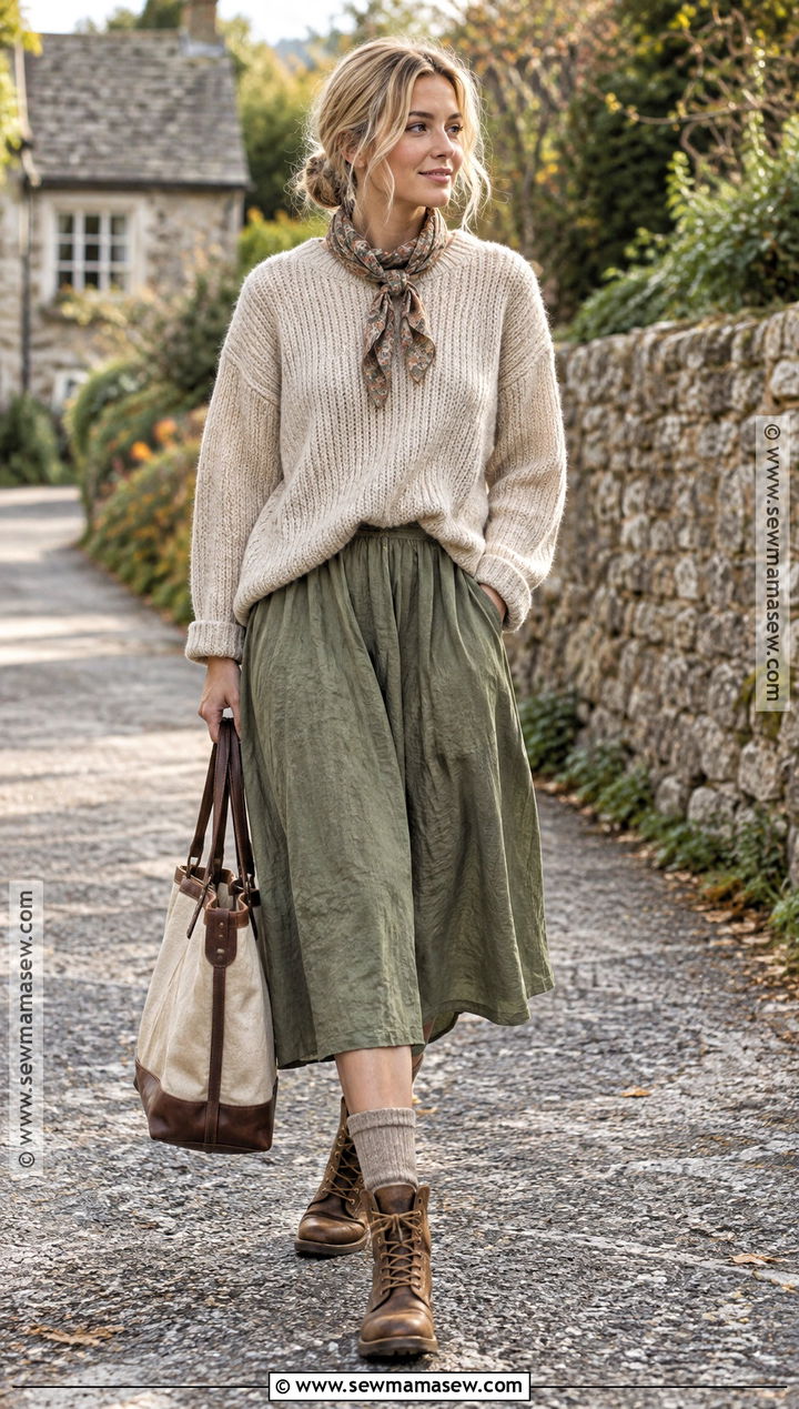 Chunky Sweater And Linen Skirt Fall Cottage Outfit - 20 Fall Cottage Outfits