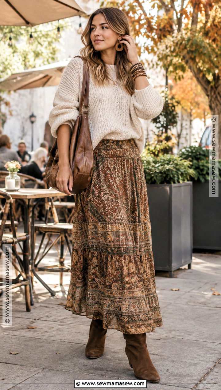 Chunky Sweater And Maxi Skirt Boho Fall Outfit - 25 boho fall outfits