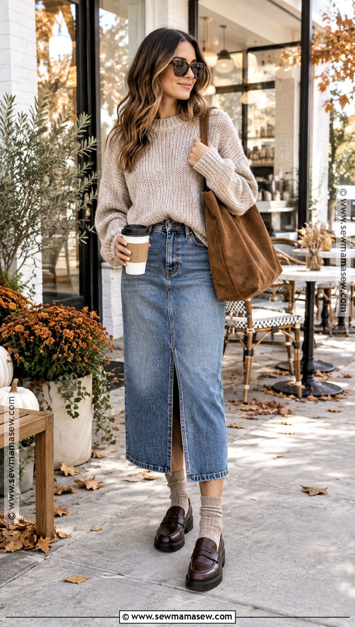 Chunky Sweater And Midi Jean Skirt Outfit - 20 midi jean skirt outfits fall