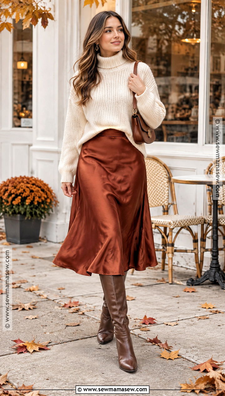 Chunky Sweater And Satin Midi Skirt Fall Outfit - 25 cozy fall fits