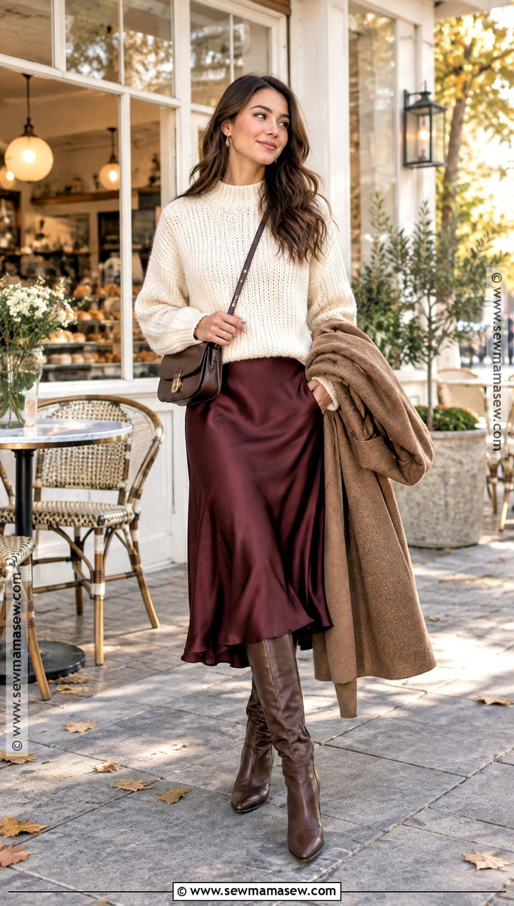Chunky Sweater And Satin Midi Skirt Fall Outfit - 25 fall outfit inspired ideas