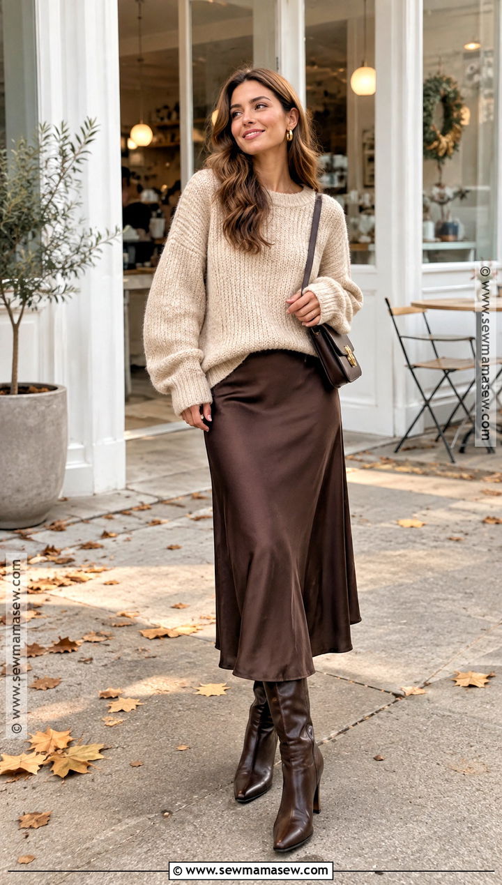 Chunky Sweater And Satin Skirt Fall Outfit - 15 Cute Fall Outfits For 2026