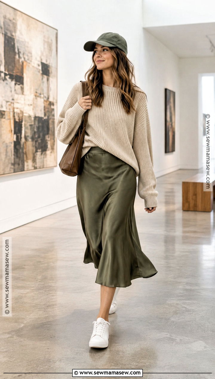 Chunky Sweater And Slip Skirt With Baseball Hat - 15 Fall Outfit With Baseball Hat Ideas