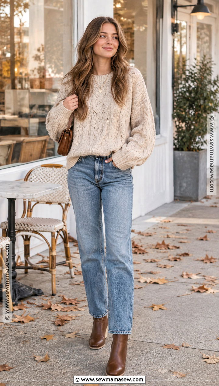 Chunky Sweater And Straight Leg Jeans Fall Outfit - 15 fall outfit inspo teen ideas for girls