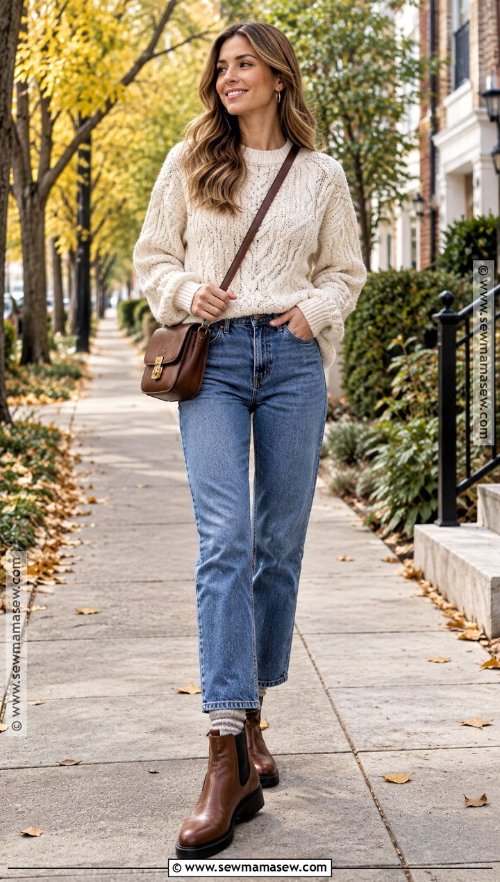 Chunky Sweater And Straight Leg Jeans Fall Outfit - 25 Warm Fall Outfits Weather