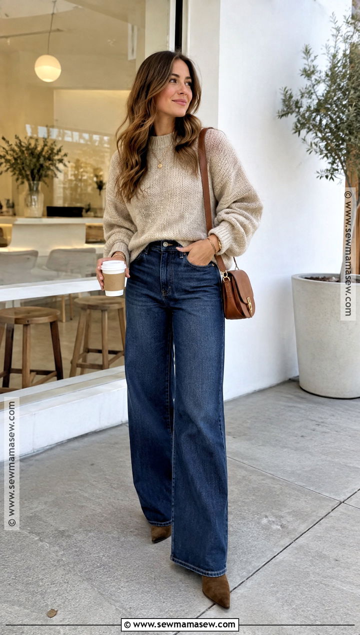 Chunky Sweater And Wide Leg Jeans Fall Outfit - 25 fall style outfits