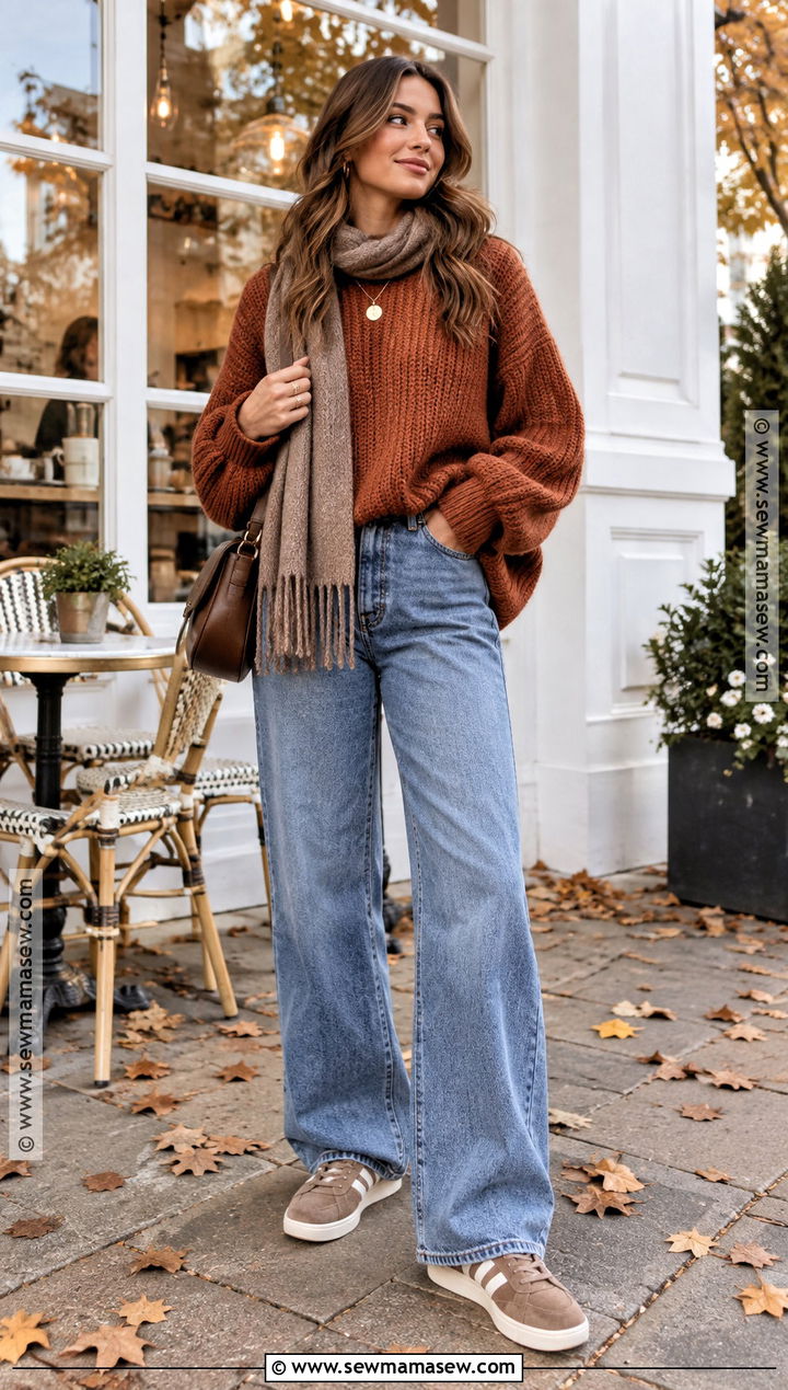 Chunky Sweater And Wide Leg Jeans With Suede Sneakers - 15 fall outfit inspiration with sneakers